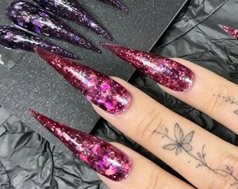 Pink Purple Glitter Cat Claw Press On Nails,Sparkly Stiletto Nails,Y2K Glam Nails,Handmade Reusable Fake Nails
