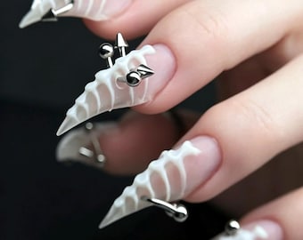 3D Spine Cat Claw Press On Nails,Gothic Skeleton Nails,Clear Matte Stiletto Nails,Bone Nail Art,Alternative Y2K Fake Nails
