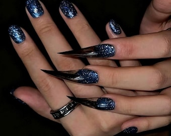 Blue Glitter Black Ombre Cat Claw Press On Nails,Sheer Black Stiletto Nails,Gothic Sparkle Fake Nails,Dark Glam Nail Set