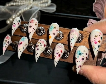 Milky White Star Cat Claw Press On Nails,Colorful Glitter Rhinestone Nails,Dreamy Y2K Stiletto Fake Nails,Handmade Party Nails