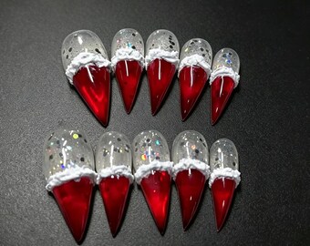 3D Christmas Cat Claw Nails,Red Glitter Santa Hat Press On Nails,Handmade Holiday Stiletto Nails
