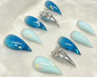 Blå tonad stjärna nagelkonst, nagelklistermärken med katttassar, nagelkonst speciellt designad för havsälskare, en present till din fru.