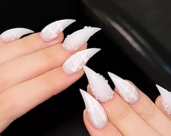 Milky White Press On Nails,Translucent Pearl Cat Claw Stiletto Nails,Bridal White Jelly Nails for Wedding