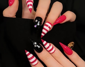 Black Pink Cat Claw Press On Nails,Gothic Y2K Stripe Dot Nails,Long Stiletto Kawaii Press On Nails,Alternative Statement Nails