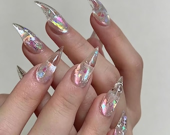 Magical Cat Paw Nails Iridescent Glittery Crystal Clear Cat Paw Stiletto Nails,Gift for Her,Mother's Day Gift