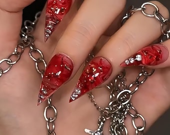 Red Smoke Press On Nails,Translucent Wine Red Cat Claw Nails with Gold Foil and Diamonds,Luxury Stiletto Nails