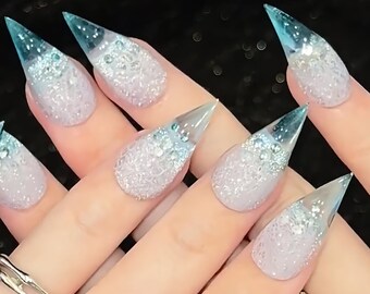 Icy Blue Cat Claw Press On Nails,Lace Rhinestone Stiletto Nails,Gothic Fairy Nails,Translucent Blue Gradient Nails,Statement Nail Art