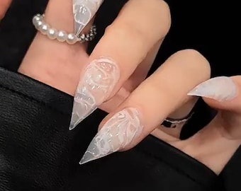 Crystal Cat Claw Press On Nails,Frosted White Winter Nails,Snow Queen Stiletto Nails,Christmas Fairy Nail Art,Handmade Gothic Gift