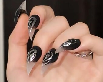 Black Gradient Cat Claw Press On Nails,Matte Black Clear Gradient With Metallic Droplets Goth Nails