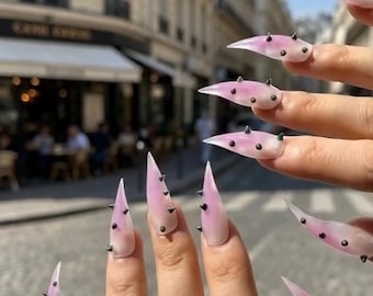 Matte Pink Cat Claw Nails,Studded Gothic Press On Nails