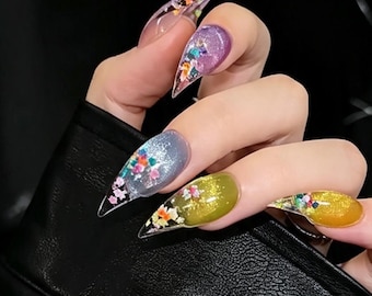 Magical Cat Eye Cat Claw Press On Nails,Transparent Glitter Stiletto Nails,Witchcore Halloween Nails,Fairy Fantasy Handmade Nail Set