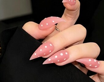 Pink Polka Dot Cat Claw Press On Nails,Coquette Stiletto Nails,Cute Kawaii Pink Fake Nails,Girly Y2K Handmade Nail Set