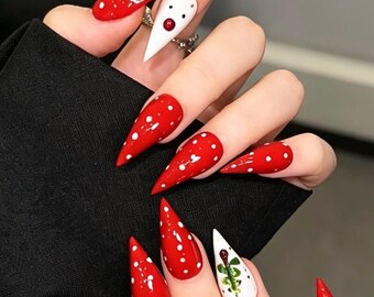 Christmas Cat Claw Press On Nails,Red Base White Polka Dot Stiletto Nails,Handmade Reindeer Christmas Tree Holiday Nails