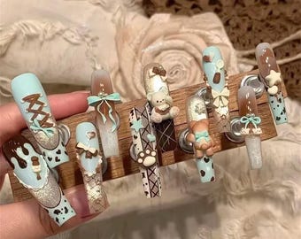 Winter Chocolate Bear Bow Press-On Nails – Long Tapered Holiday Nails