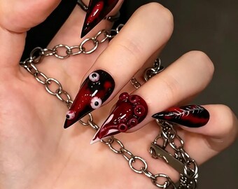 3D Eyeball Press On Nails,Black Red Horror Cat Claw Nails with Realistic Eyeballs,Handmade Gothic Stiletto Nails