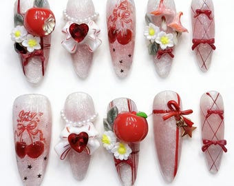 Red Apple Cherry Press on Nails, Kawaii False Nails, Handmade Nail Art