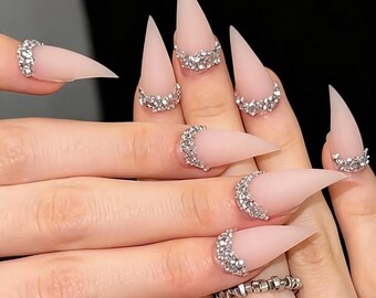 Luxury Nude Cat Claw Press On Nails,Matte Stiletto Rhinestone Nails,Frosted Winter Wedding Nails,Elegant Christmas Party Nail Set