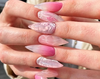 Rose pink gradient wave pearlescent nail art,cat paw nail stickers,a gift for pink lovers,a gift for your wife.