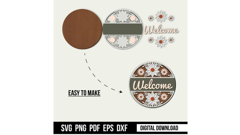 Welcome Flower Pattern Sign| Digital Download| Round Door Hanger Svg ...