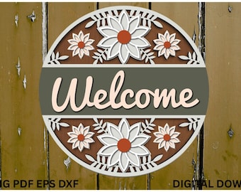 Welcome Flower Pattern Sign| Digital download| Round door hanger svg| Glowforge laser file| Cricut| Spring decor| Summer, Floral door sign