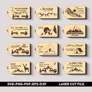 Puede incluir: Una colección de etiquetas de madera con diseños de montañas y aventuras al aire libre cortados con láser. Cada etiqueta presenta frases inspiradoras como "Adventure Awaits" y "Explore the World". Ideales para manualidades.