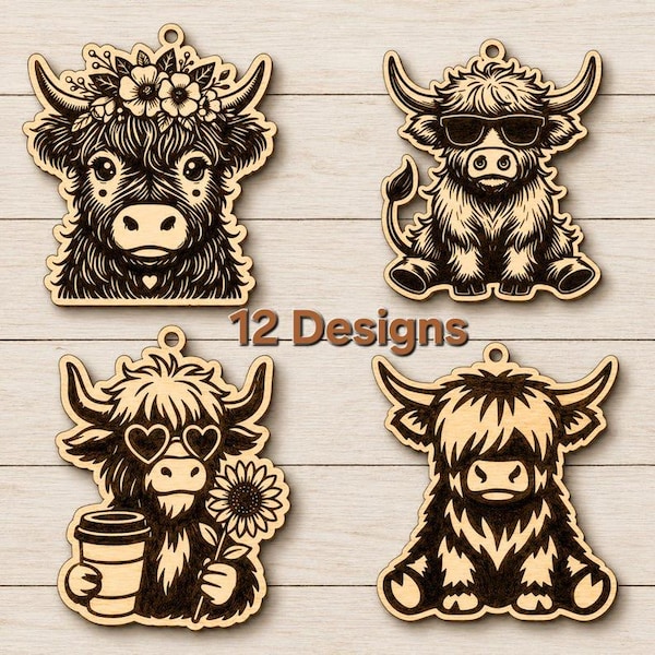 12 archivos SVG de vaca de las Tierras Altas para corte láser / Llavero y adorno para coche de vaca de las Tierras Altas en formato SVG / Vaca de las Tierras Altas con flores / Linda vaca bebé de las Tierras Altas con sombrero