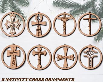 Religious Cross Ornament SVG Bundle | Christmas Ornament Laser Cut Files Glowforge, Cricut, Digital Download, Charistmas Hanging Ornaments,