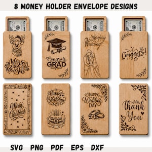 Op de afbeelding: Acht rechthoekige houten enveloppen voor geldgeschenken met lasergegraveerde ontwerpen voor diverse gelegenheden zoals Kerstmis, diploma-uitreikingen, bruiloften, verjaardagen en bedankjes, elk met een gleuf met een biljet van honderd dollar.