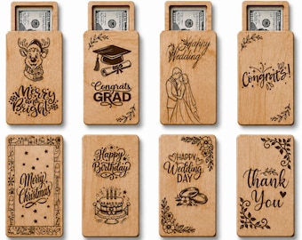 May include: Eight rectangular wooden money holder envelopes featuring laser-engraved designs for various occasions including Christmas, graduation, weddings, birthdays, and thank you notes, each with a slot containing a one hundred dollar bill.