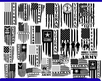 May include: A collection of 35 US Veteran Flags SVGs in black and white. The designs include various American flags, military emblems, and the text "Veteran" and "U.S. Army". The image also includes the text "SVG", "PNG", "PDF", and "JPG".