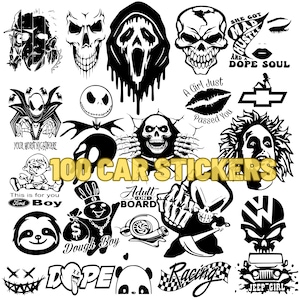 May include: A collection of 100 black and white car stickers featuring various designs. The stickers include skulls, cartoon characters, and text such as "Dope Soul" and "Racing".