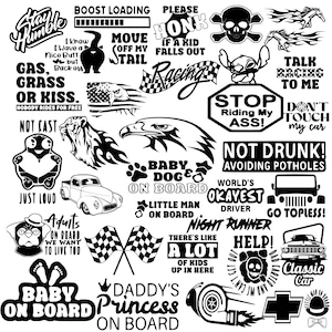 May include: A collection of black and white decals with various designs and text. Designs include racing flags, skulls, eagles, and phrases like "Baby on Board" and "Not Drunk! Avoiding Potholes." The decals are suitable for cars and other vehicles.