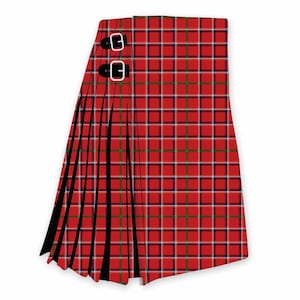 May include: A red tartan kilt with a classic plaid pattern. The kilt features black leather straps with silver buckles. The traditional Scottish garment is pleated and designed to be worn around the waist.
