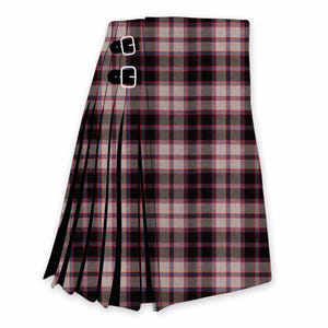May include: A tartan kilt in a black, red, and grey plaid design. The kilt has a pleated construction and two leather straps with silver buckles. The fabric displays a traditional tartan pattern, suitable for Scottish or Celtic themed events.