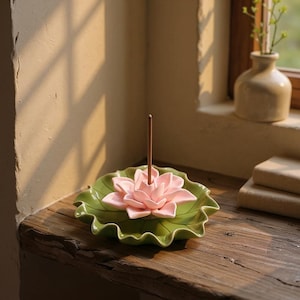 May include: A ceramic incense holder with a light pink lotus flower and a green lily pad-shaped base. An incense stick stands upright in the centre. The holder is on a wooden surface, with natural light illuminating the scene.