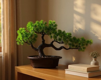 Faux Pine Bonsai Tree | Artificial Plastic Plant Decor | Realistic Fake Bonsai for Desk Office Home Tabletop | Evergreen Maintenance Free Li