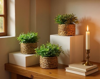 Miniplanta artificial en maceta de junco marino tejido / Decoración de escritorio con vegetación artificial realista / Pequeña planta artificial en maceta para el hogar, la oficina y la decoración de estanterías