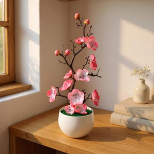May include: A decorative floral arrangement with pink blossoms and buds on dark brown branches, in a white, round ceramic pot with green moss. The arrangement is on a wooden surface.