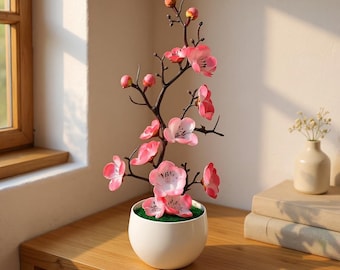 Artificial Cherry Blossom Bonsai | Faux Plum Blossom Tree | Potted Fake Flower Decor | Tabletop Desk Home Office Silk Floral Arrangement