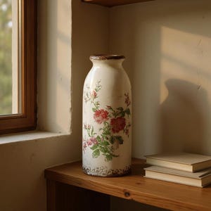 Op de afbeelding: Een hoge, gebroken witte keramische vaas met een verweerde afwerking. De vaas is versierd met een bloemenpatroon met rode en roze rozen en groene bladeren. De vaas staat op een houten oppervlak naast twee boeken.