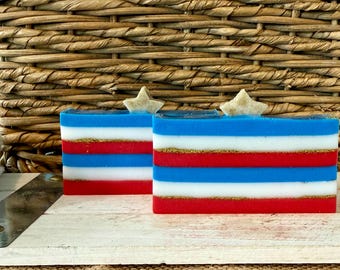 4th of July Goat’s Milk Soap | Red White Blue Artisan Bar, Gold Shimmer Layers