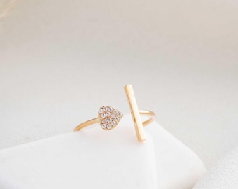 Anillo abierto de moissanita con forma de corazón en oro de 14 quilates, anillo de promesa ajustable
