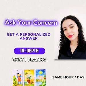 以下が含まれることがあります： タロットリーディングを宣伝する画像。「Ask Your Concern」、「Get a Personalized Answer」、「In-Depth」、「Tarot Reading」というテキストが含まれています。画像には女性と3枚のタロットカードも表示されています。