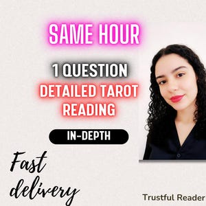 May include: Image promoting a detailed tarot reading service. Text includes "SAME HOUR", "1 QUESTION", "DETAILED TAROT READING", and "IN-DEPTH". The words "Fast delivery" are also present. A woman with dark hair and red lipstick is in the image.