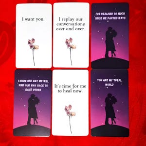 May include: A collection of six rectangular cards with various phrases and illustrations. The cards feature text like "I want you" and "You are my total world." Some cards have silhouettes of a couple, and others have floral accents.