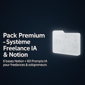 Könnte beinhalten: Ein digitales Produktpaket mit dem Text "Pack Premium - Système Freelance IA & Notion". Das Bild enthält ein Ordnersymbol mit Diagrammen und dem Text "6 bases Notion + 60 Prompts IA pour freelances & solopreneurs".