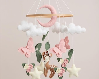 Pink Deer Baby Mobile | Woodland Nursery Crib Mobile for Baby Girl | Felt Butterfly Flower Moon Star Nursery Decor | Fawn Cloud Mobile