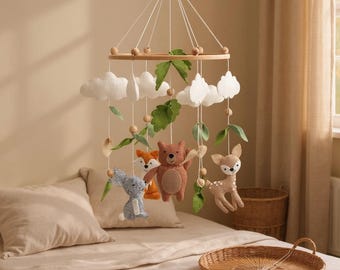 Woodland-babymobiel voor wieg | Bos kinderkamerdecoratie | Dierenmobiel | Bear Fox Bunny Deer mobiel | Genderneutrale kinderkamer