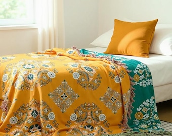 Japanese Style Cotton Throw Blanket | Reversible Boho Bird Botanical Sofa Couch Cover | All Season Fringed Lightweight Bedspread Quilt