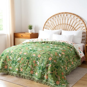 Boho Cotton Throw Blanket | Reversible Fringed Bedspread Quilt | Floral Botanical Sofa Couch Cover | Lightweight All Season Vintage Style